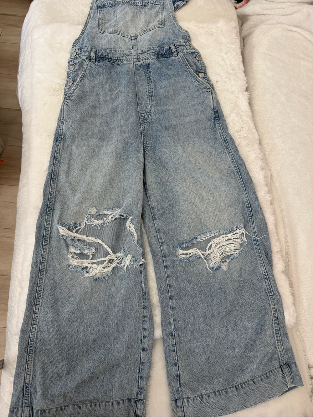 Vintage Y2K Distressed Wide Leg Denim Overalls XS Light Wash Baggy Grunge - Picture 10 of 10